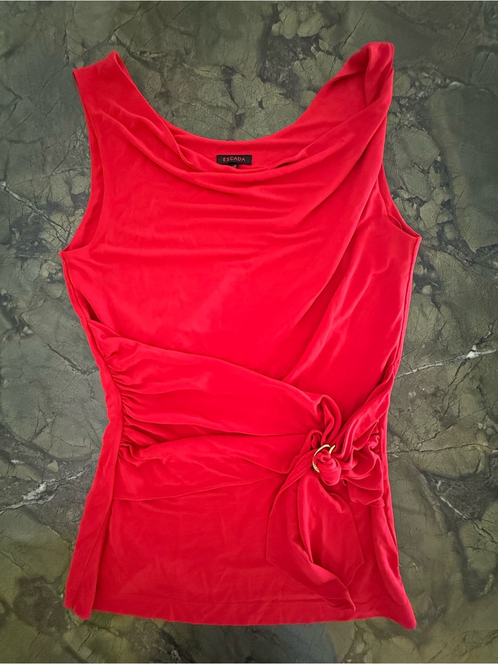 Escada Vibrant Red Draped Neck Top with Label Detail